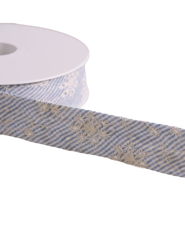 Cotton bias striped embroidered flowers 25mm lavender blue per meter made in Europe
