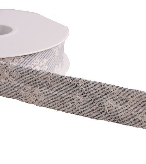 Cotton bias striped embroidered flowers 25mm gray black per meter made in Europe