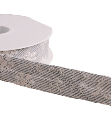 Cotton bias with embroidered flower stripes 25mm gray black per meter made in Europe