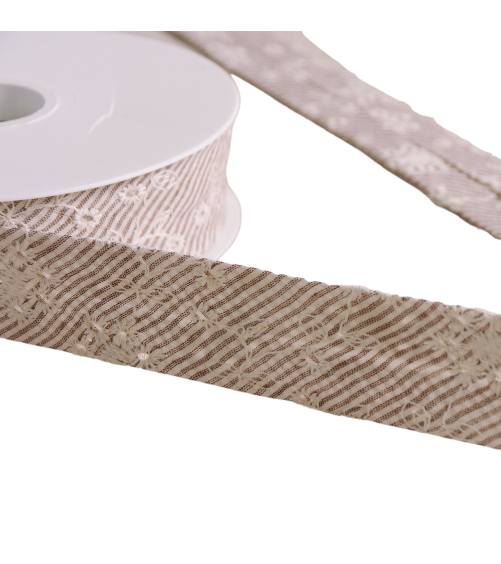 Cotton bias with embroidered flower stripes 25mm beige per meter made in Europe