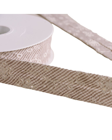 Cotton bias with embroidered flower stripes 25mm beige per meter made in Europe