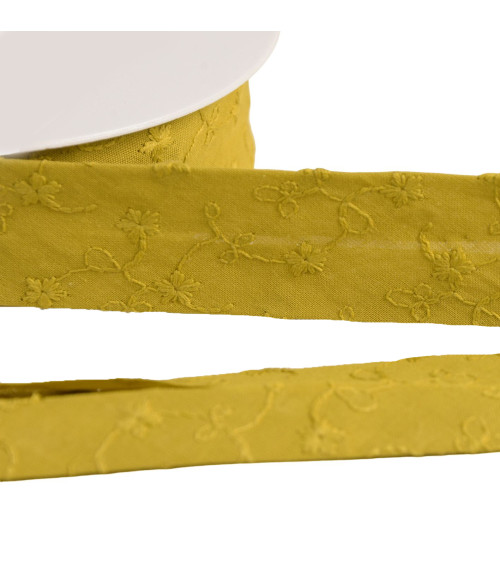 Embroidered flower bias binding 25mm lime green per meter made in Europe