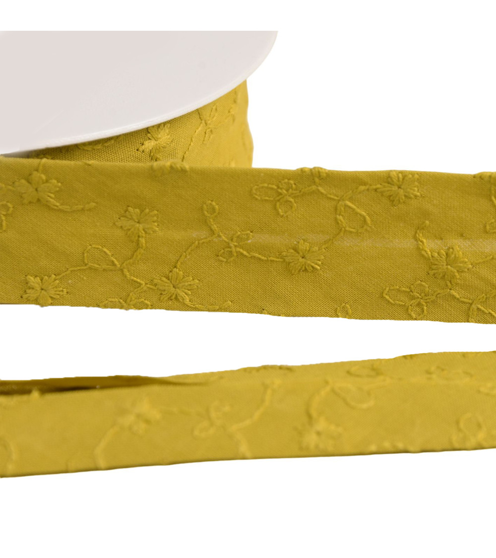 Embroidered flower bias binding 25mm lime green per meter made in Europe