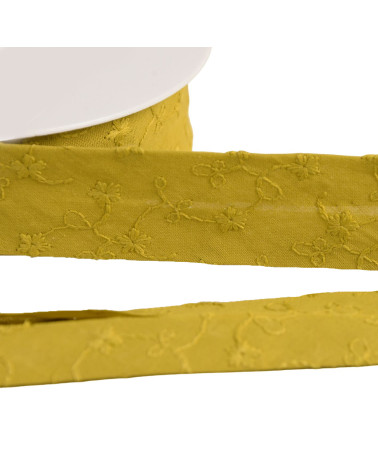 Biais fleurs brodées 25mm vert anis au mètre fabriqué en Europe