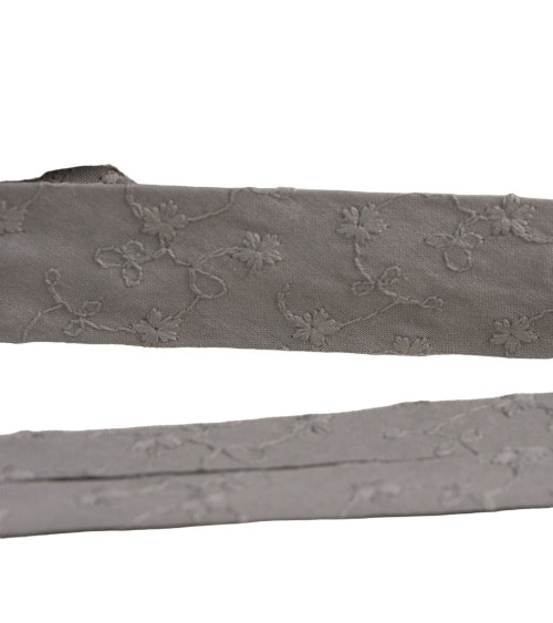 Embroidered flower bias binding 25mm medium gray per meter made in Europe