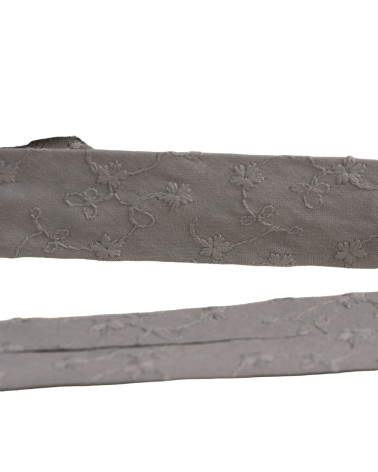 Embroidered flower bias binding 25mm medium gray per meter made in Europe