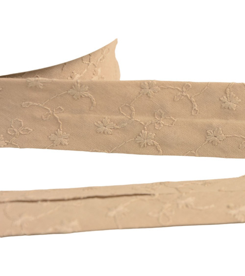 Embroidered flower bias binding 25mm beige per meter made in Europe