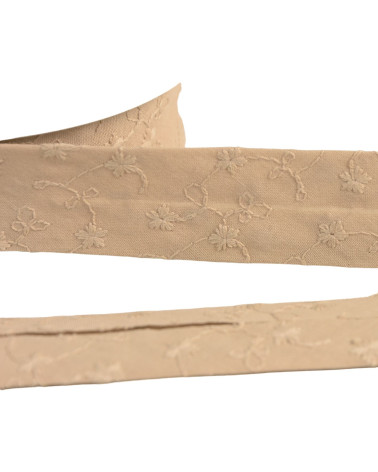 Embroidered flower bias binding 25mm beige per meter made in Europe