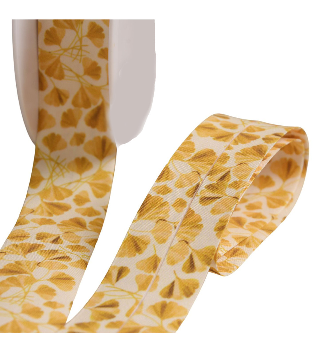 Gingko biloba leaf bias 27mm straw yellow per meter made in France