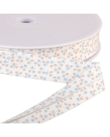 Bobine de biais fleurs coton BIO GOTS 25m Bleu Ciel 20mm
