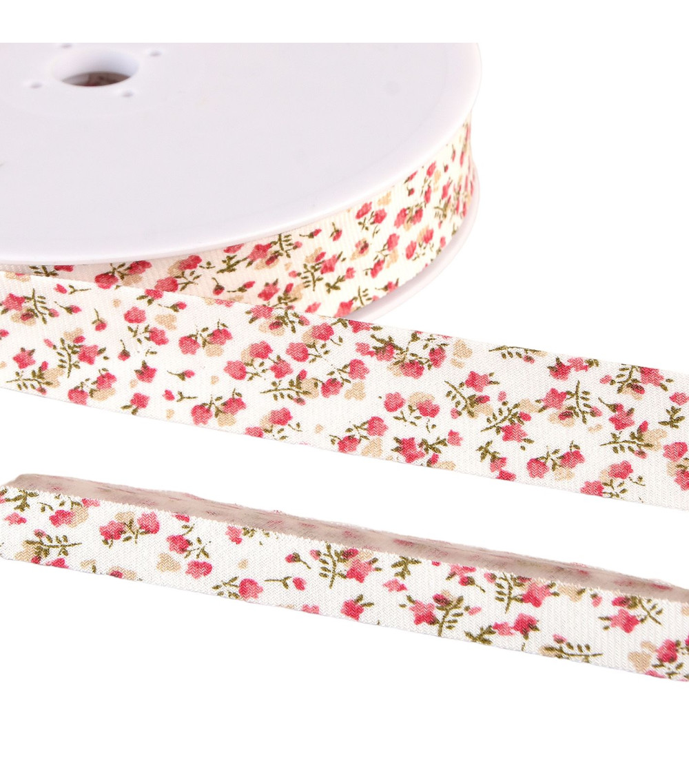 Bobbin of organic cotton GOTS flower bias binding 25m Red 20mm