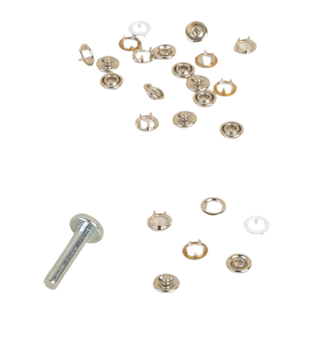 6 9.5mm snap buttons and white tool