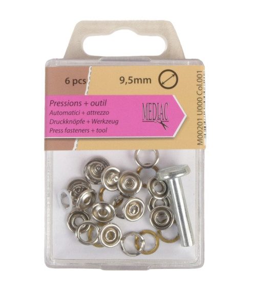 6 boutons pression 9,5mm et outil argent