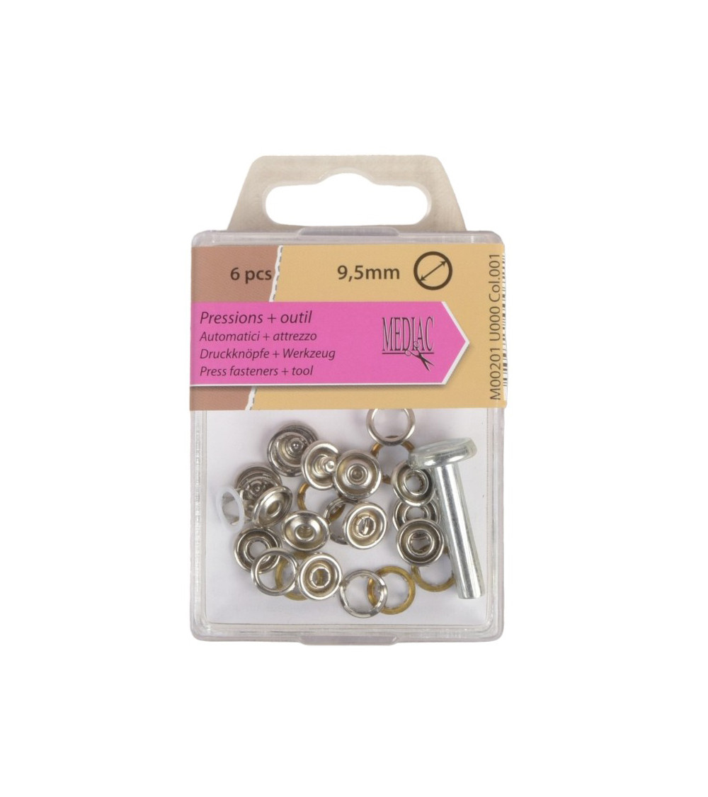 6 boutons pression 9,5mm et outil argent