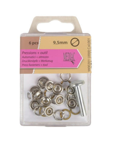 6 9.5mm snap buttons and silver tool