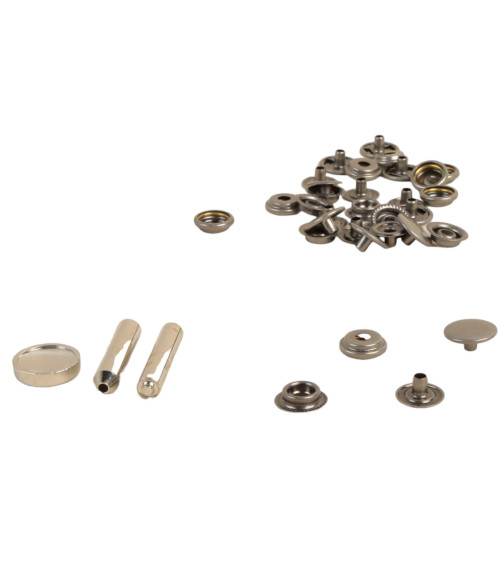 8 boutons pressions 15mm tissus lourds et outil argent vieilli