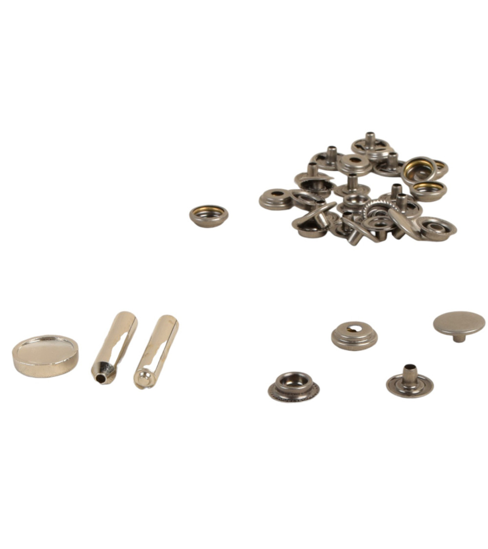 8 bottoni automatici da 15 mm per tessuti pesanti e vecchio strumento in argento