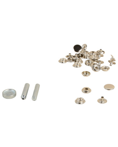 8 Druckknöpfe aus 15 mm schwerem Stoff und Silberwerkzeug