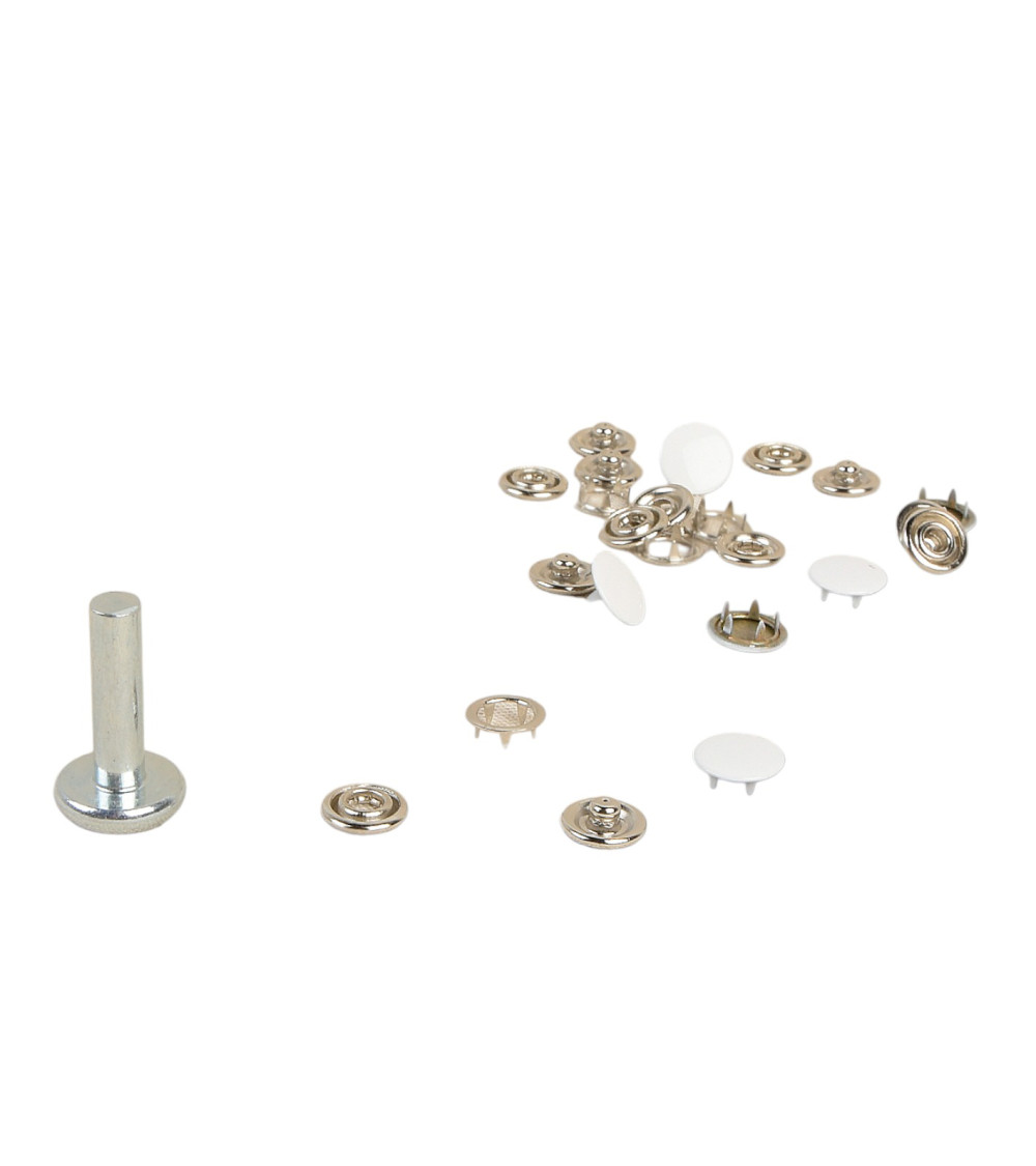 6 boutons pression 11,5mm tissus légers et outil blanc