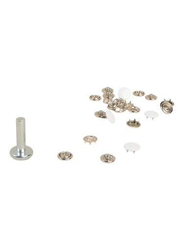 6 Druckknöpfe 11,5 mm aus hellem Stoff und weißes Werkzeug