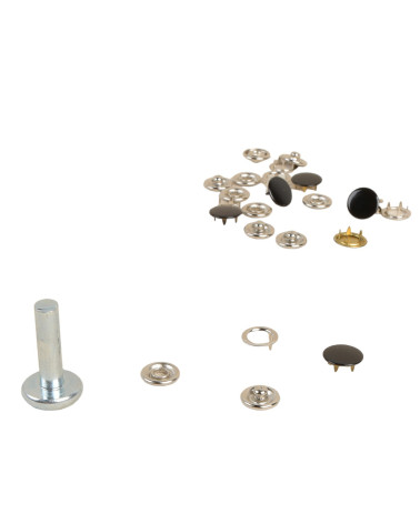6 Druckknöpfe 11,5 mm aus hellem Stoff und schwarzem Werkzeug