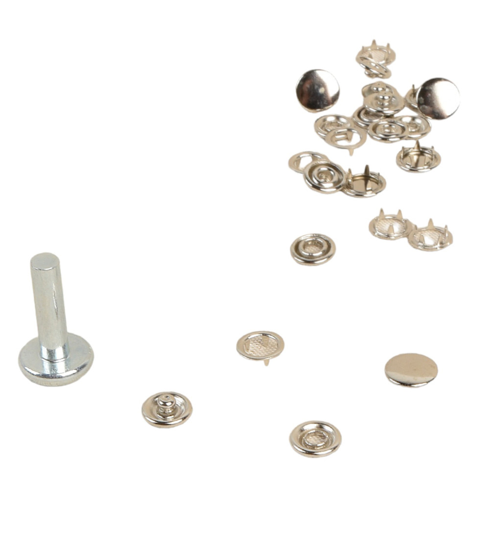 6 boutons pression 11,5mm tissus légers et outil argent