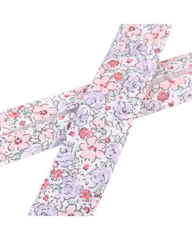 Bobine 25m biais fleurettes Vieux Rose 20mm