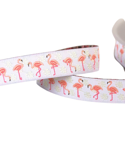 Bobine 15m galon jacquard flamants roses blanc 16mm