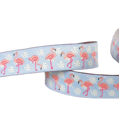 Bobine 15m galon jacquard flamants roses bleu clair 16mm