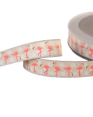 15m spool of jacquard braid with beige flamingos 16mm