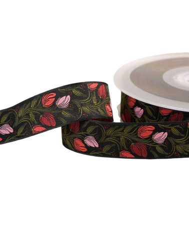 Bobine 15m galon jacquard fleurs noir 24mm