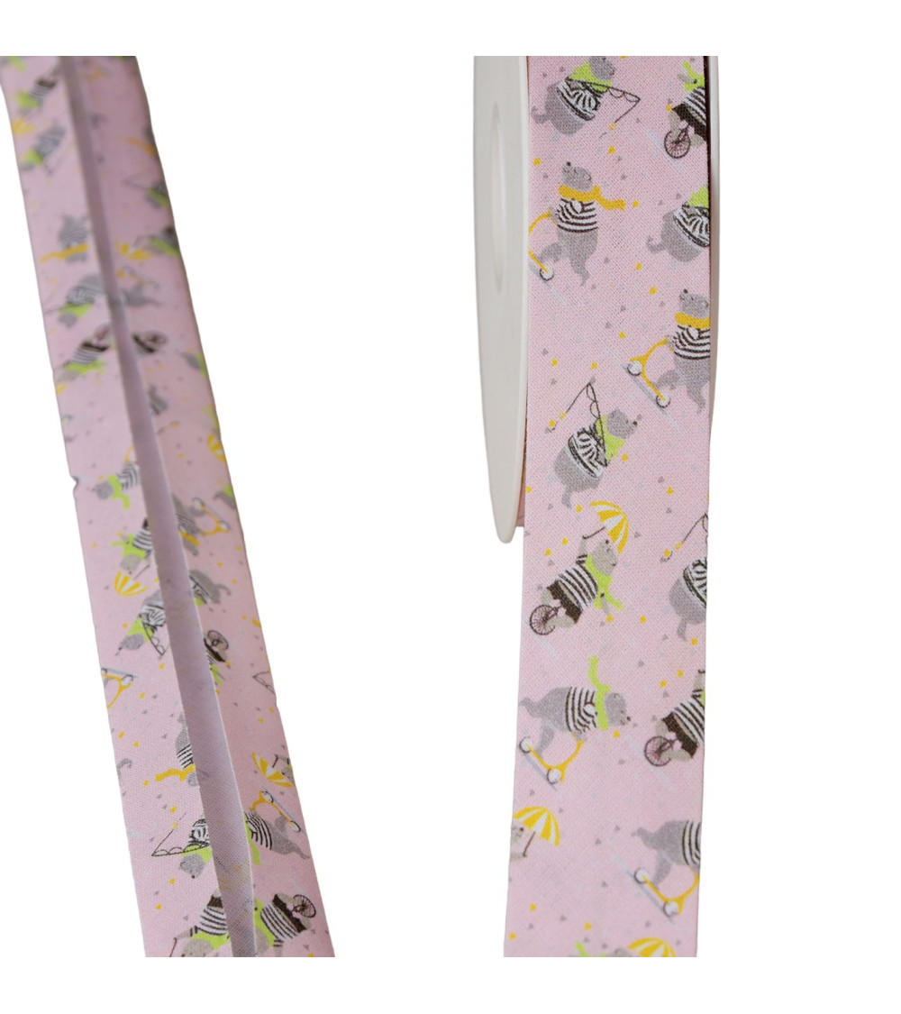 20m spool bias teddy bears 100% cotton light pink 25mm