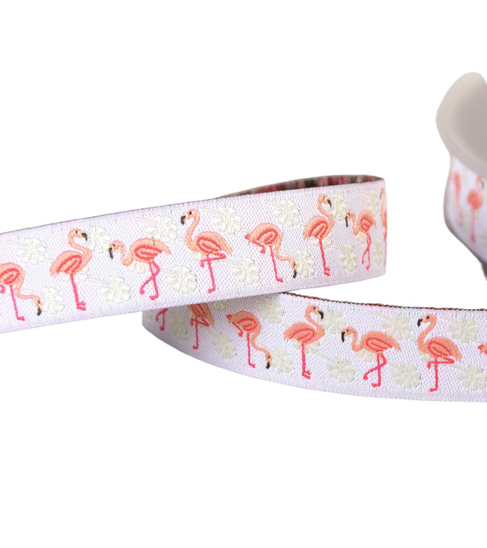 Galon jacquard flamants roses blanc 16mm au mètre