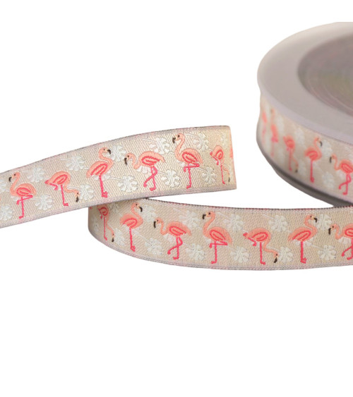 Galon jacquard flamants roses beige 16mm au mètre