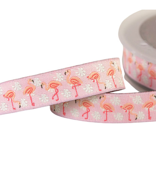 Galon jacquard flamants roses rose clair 16mm au mètre