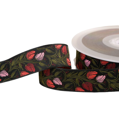 Galon jacquard fleurs noir 24mm au mètre