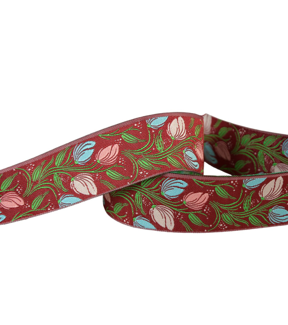 Galon jacquard fleurs rouge bourgogne 24mm au mètre