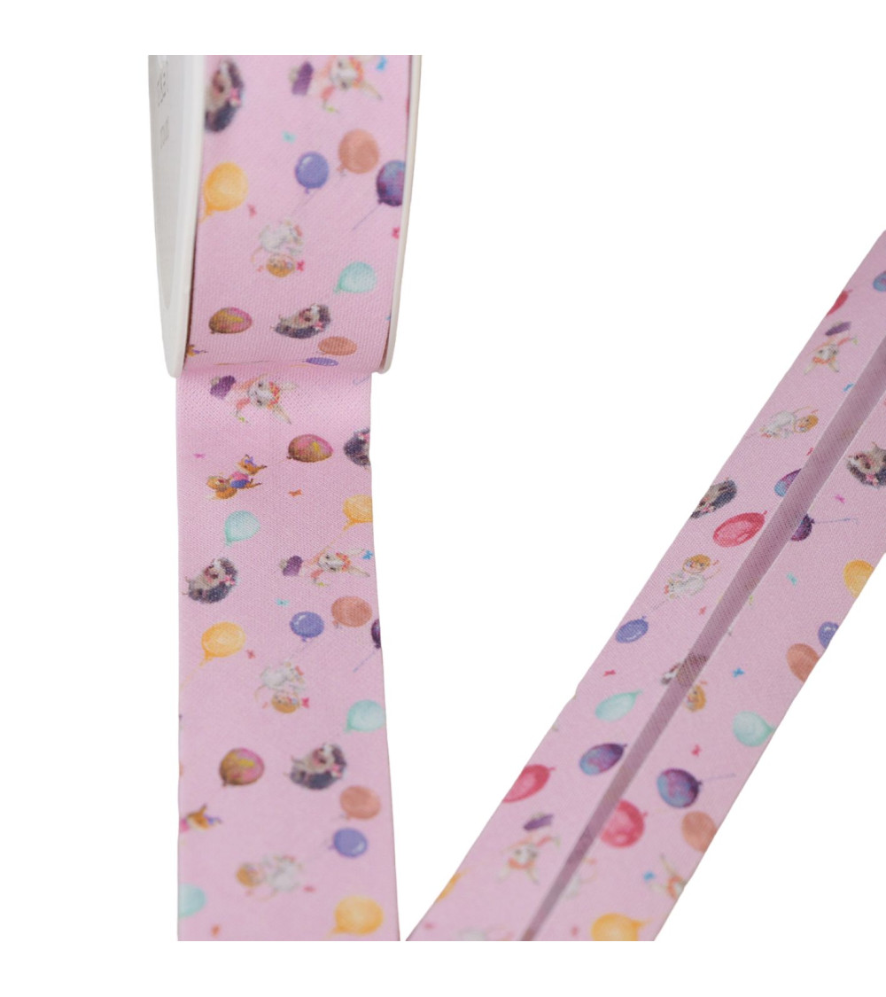 Squirrel and mouse bias binding 100% cotton light pink 25mm per meter