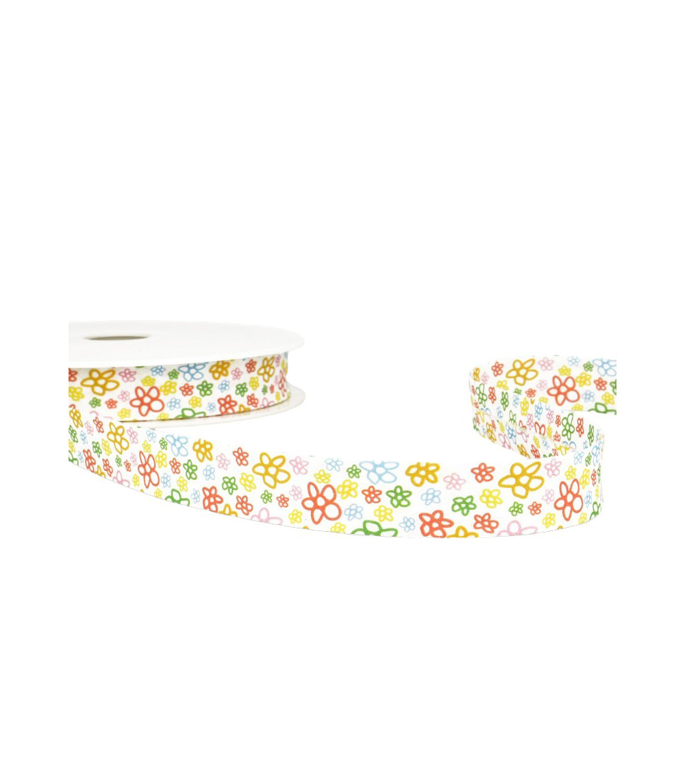 Disquette 25m Biais imprimé fleurs multicolore 20mm