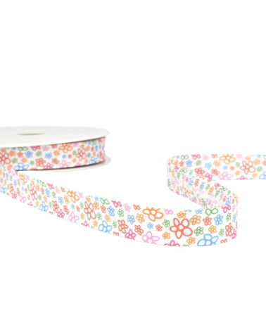 Disquette 25m Biais imprimé fleurs Orange 20mm