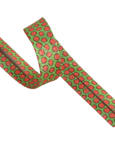 Spool of 25m bias binding with large dark green lurex polka dots 20mm