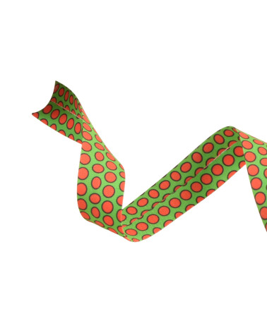 Spool of 25m bias binding with large dark green polka dots 20mm
