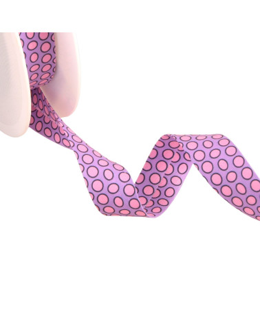 Spool of 25m bias binding with large purple parma polka dots 20mm