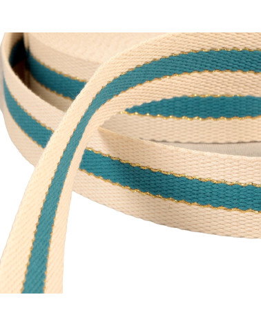 20m reel of 3-strip strap, 30mm cotton metal thread, duck blue