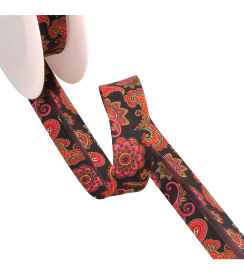 Black paisley pattern bias binding 20mm per meter made in France