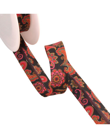 Black paisley pattern bias binding 20mm per meter made in France