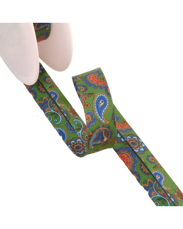 Dunkelgrünes Schrägband mit Paisley-Muster, 20 mm pro Meter, hergestellt in Frankreich
