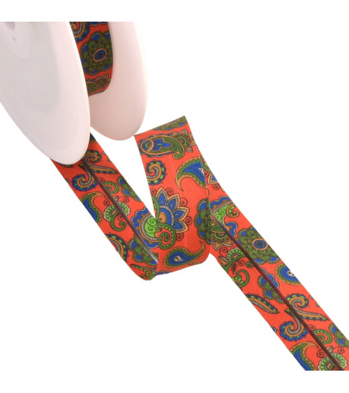 Bengal orange paisley pattern bias binding 20mm per meter made in France