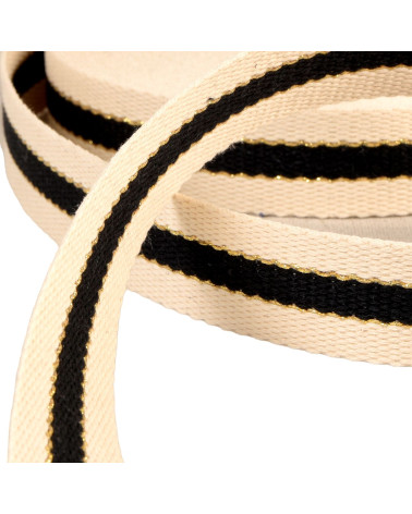 3-strip strap with metal thread, 100% cotton, 30mm, black, per meter
