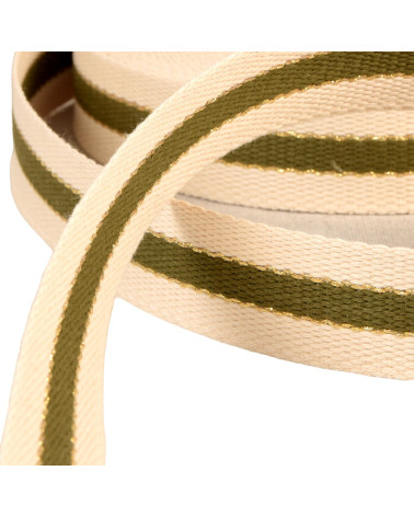 3-strip strap with metal thread, 100% cotton, 30mm, khaki, per meter